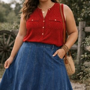 Croft & Barrow Red Creamy White Dot Sleeveless Blouse Size 1X Gold Button Top